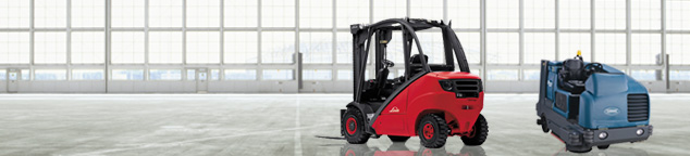 Images shows close-up view of a Linde MH forklift truck and a Tennant cleaning machine