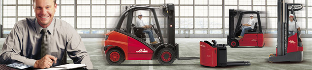 Images shows close-up view of a Linde MH forklift truck and a Tennant cleaning machine