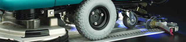 Images shows close-up view of a Linde MH forklift truck and a Tennant cleaning machine